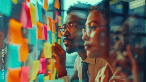 Multiethnic colleagues collaborate on a glass wall covered in colorful sticky notes in a creative office