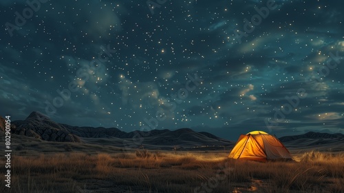 glowing tent under a starry sky in remote mountainous wilderness at night