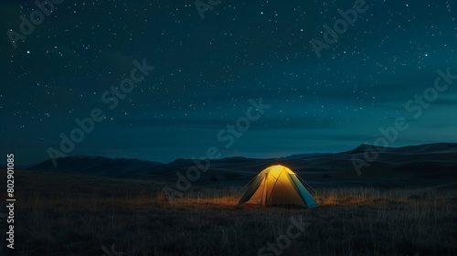 solitary tent under a starlit sky in a serene wilderness landscape at night