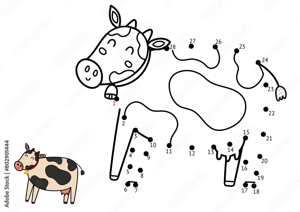 Vetor de Dot to dot game for kids. Connect the dots and draw a cute cow ...