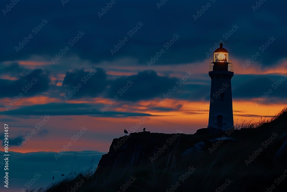 Lone lighthouse silhouette against a dusky sky