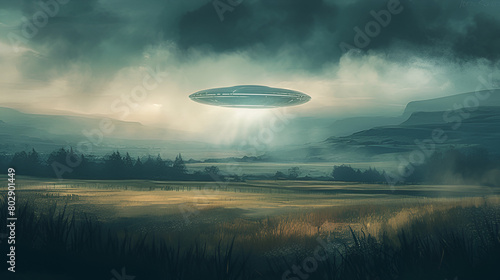 UFO performing an abduction on the moors, Space craft and light beam, Generative AI 