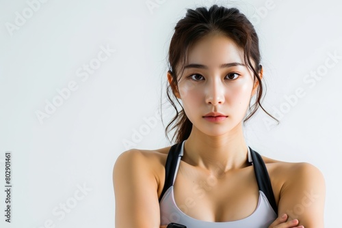 pretty young woman korean Sports and fitness pose photo on white isolated background photo on white isolated background