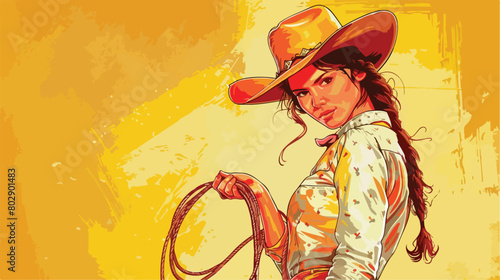 Beautiful cowgirl with lasso on yellow background Vector