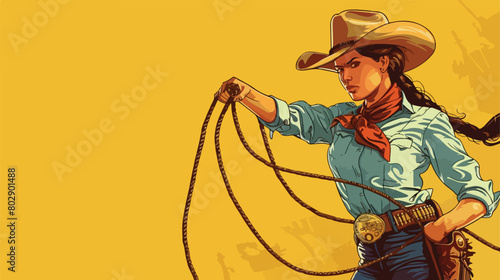 Beautiful cowgirl with lasso on yellow background Vector