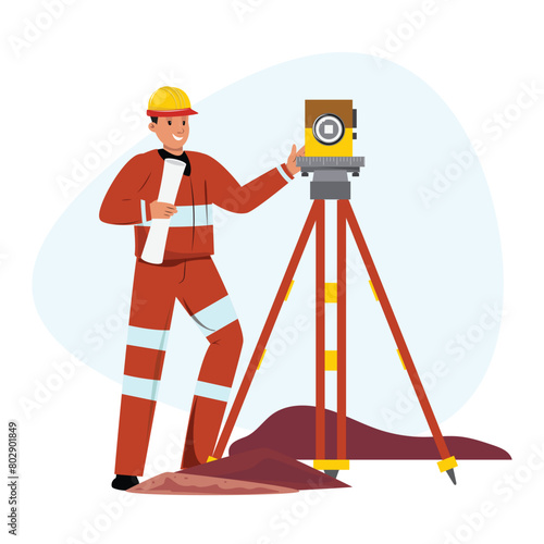 Surveyor measuring land construction in flat cartoon illustration