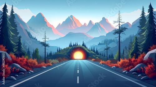 Flat-style vector illustration of a road tunnel concept  showing a horizontal mountain landscape with the tunnel entrance.