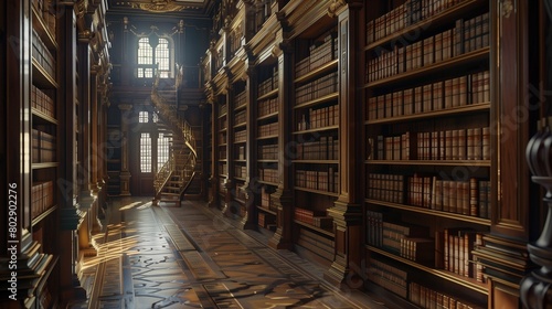 Palace library with floor-to-ceiling shelves filled with leather-bound books.