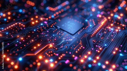 Futuristic microchip processor with illuminated lights set against a blue background, symbolizing quantum computing or blockchain technology in abstract finance data.