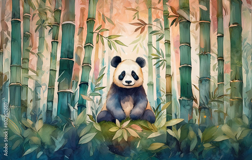 Peaceful Panda Sitting Among Bamboo, A Beautiful Representation of Wildlife in Natural Habitat