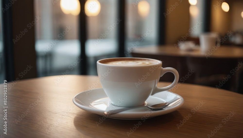 Cafe hot cup of coffee on a saucer on a dark background, casting a thin shadow. Bokeh in the background. Cafe hot cup of coffee on a saucer on a dark background, casting a thin shadow. Bokeh in the background.