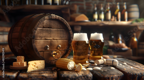 Beer's in oak beer barrel and brie de meux, epoisse, comte background with copy space for text, front view. world beer day background with copy space for text. brown table background 3d rendering 4k A photo