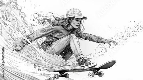 Hand-drawn black and white vector illustration in line art style, depicting a woman riding on a skateboard.