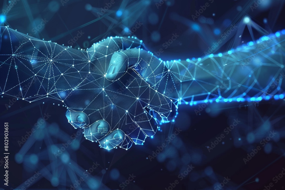handshake of two hands with connected dots grid in blue neon color. AI human relationship. Digital sign and agreement. handshake of two hands with connected dots grid in blue neon color. AI human relationship. Digital sign and agreement.