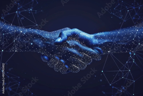 handshake of two hands with connected dots grid in blue neon color. AI human relationship. Digital sign and agreement. photo