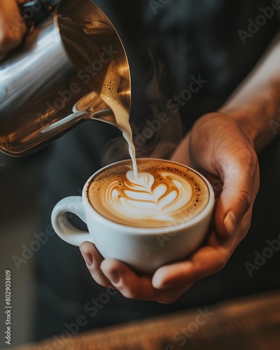  barista is pouring milk into a coffee cup, creating latte art in the style of cafe.