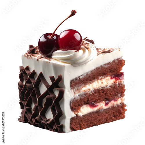 Black forest cake slice isolated on transparent or white background, png