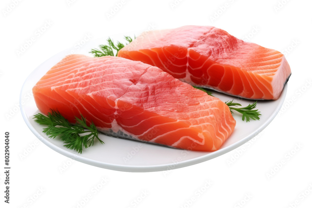 Dancing Delicacies: Two Pieces of Salmon Elegantly Plated. On a White or Clear Surface PNG Transparent Background.
