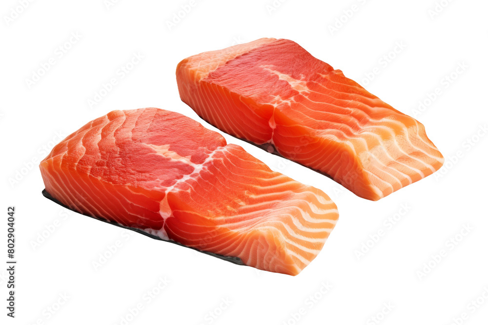 Synchronized Swimmers: Two Pieces of Salmon on a White Canvas. On a White or Clear Surface PNG Transparent Background.