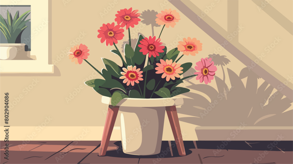 Beautiful flowers on stool in living room Vector style