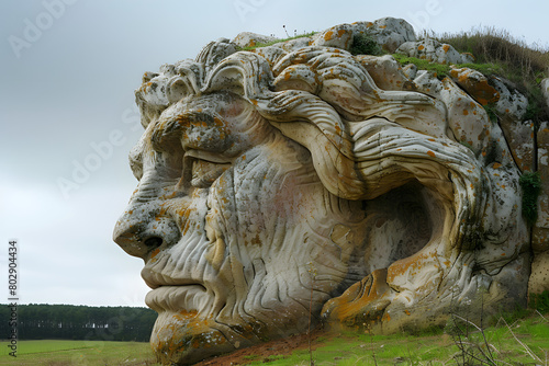 un rocher qui a la forme d'un lion. Il est fait de roche mais ressemble à un lion pétrifié