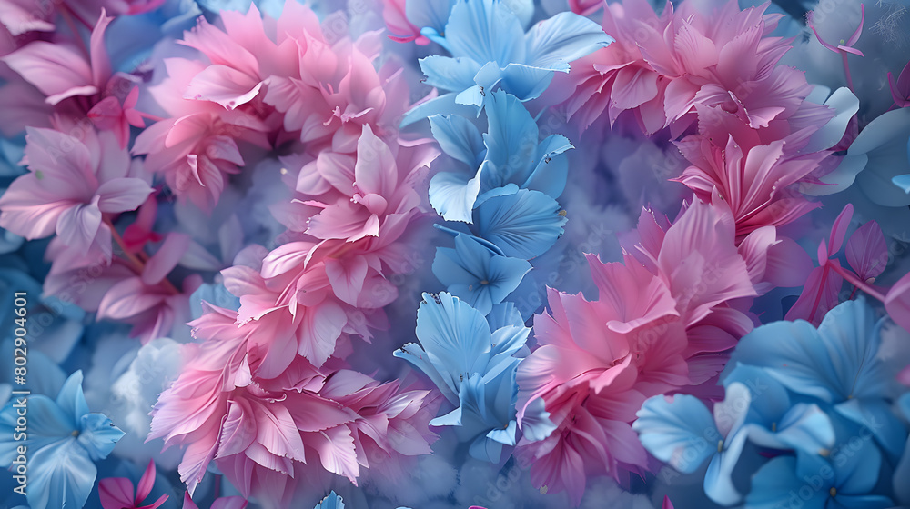 4 colorful number 2024 in pink and blue flowers, in the style of mike campau, fine feather details, vray tracing, flowerpunk, soft, romantic scenes, monochromatic palette, iso 200