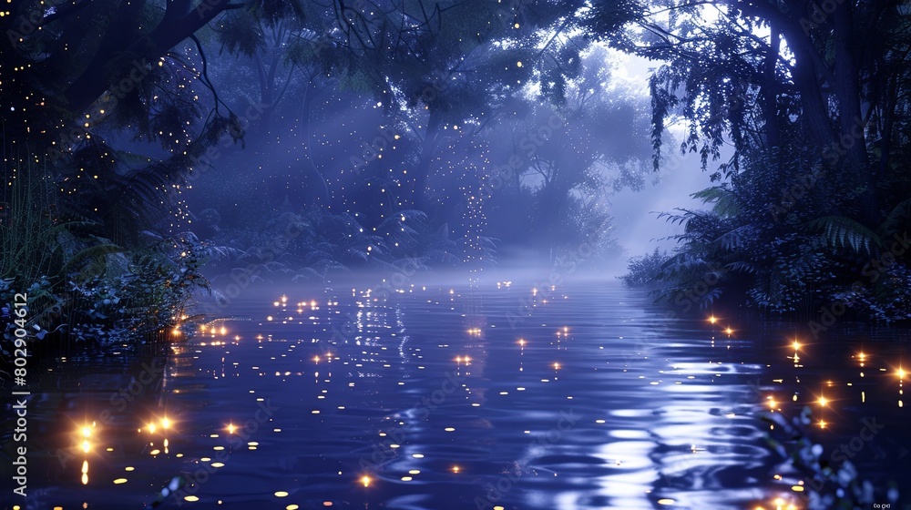 3d rendering of magical river at night with glowing fireflies in forest 3d rendering of magical river at night with glowing fireflies in forest