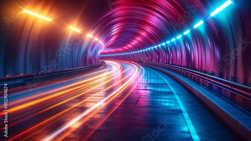 Illustration depicting abstract speed motion in an urban highway road tunnel, with blurred motion toward the light. Features colorful light trails and fiber optics technology background.