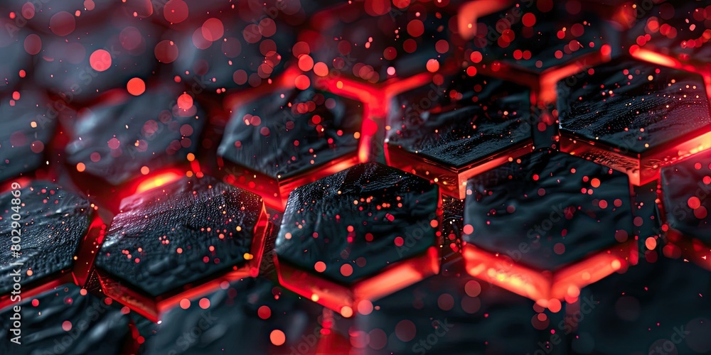 Black and red background with hexagons, glowing lights and a carbon fiber texture in the style of technology or gaming concept. Black and red background with hexagons, glowing lights and a carbon fiber texture in the style of technology or gaming concept.
