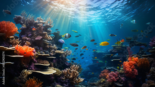beautiful coral reef and mach fish photo