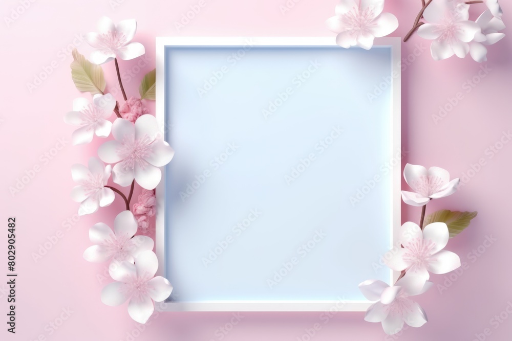 Cherry blossom frame on pastel pink background with copy space