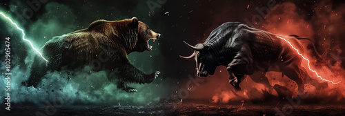 Bear market vs bull market in front of Bitcoin and cryptocurrency market chart image. photo