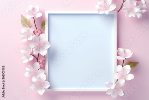 Cherry blossom frame on pastel pink background with copy space © sandppictures