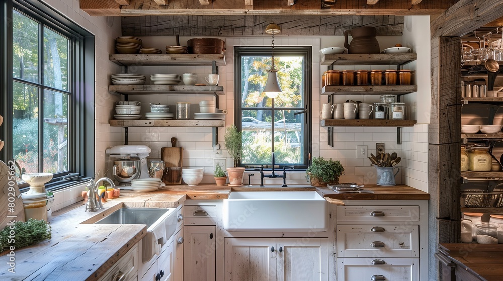 Rustic home kitchen with a farmhouse sink and open shelving.