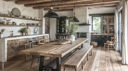 Rustic farmhouse dining room with a wooden table and bench seating.