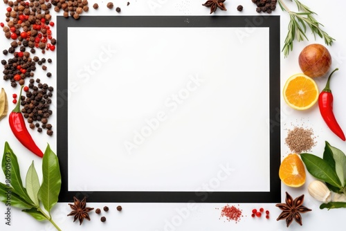 Frame with cooking ingredients on white background, top view. Space for text photo