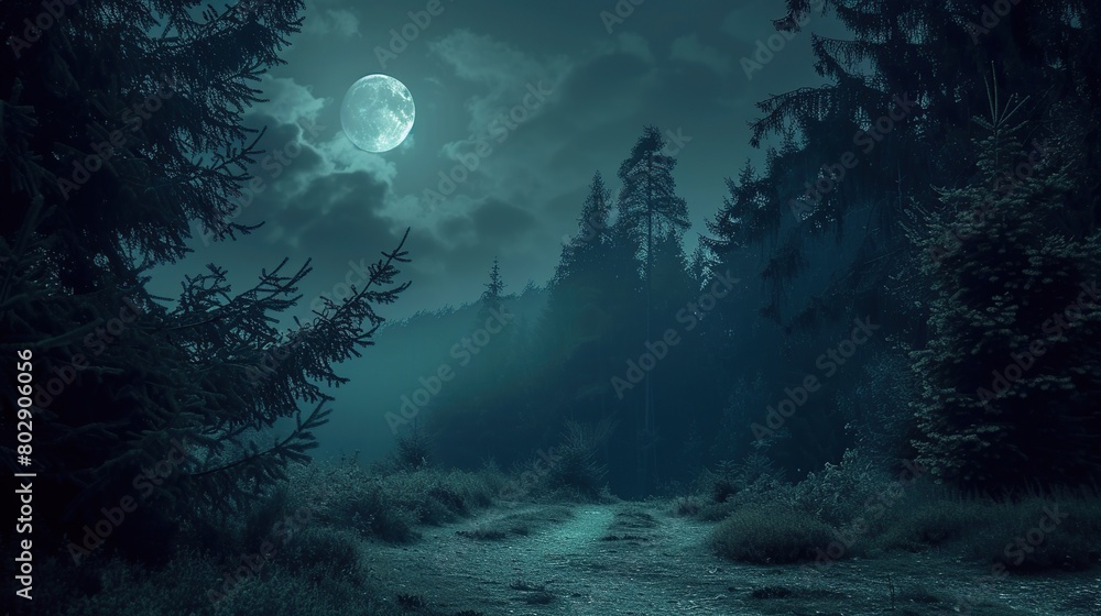 Dark gloomy forest. Night in the forest. Nature scene with forest and moonlight. AI Generative