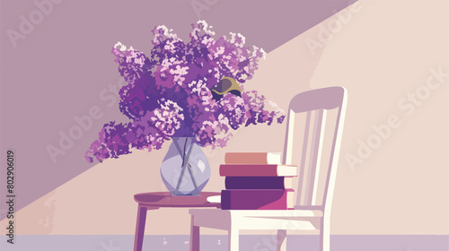 Beautiful lilac flowers in vase with books on chair a