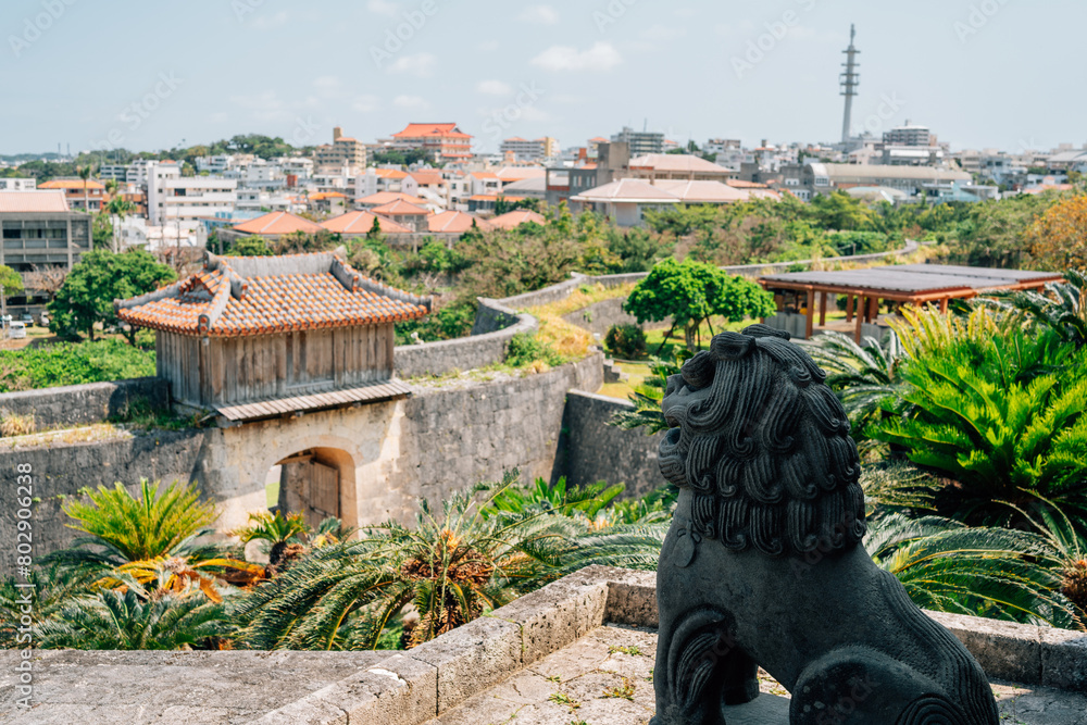 View of Shurijo Castle and Shisa sculpture in Naha, Okinawa, Japan