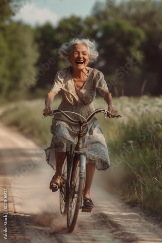  happy old woman riding a vintage bicycle in the countryside. She is wearing a dress and laughing out loud, with motion blur behind her.  © ALL YOU NEED studio