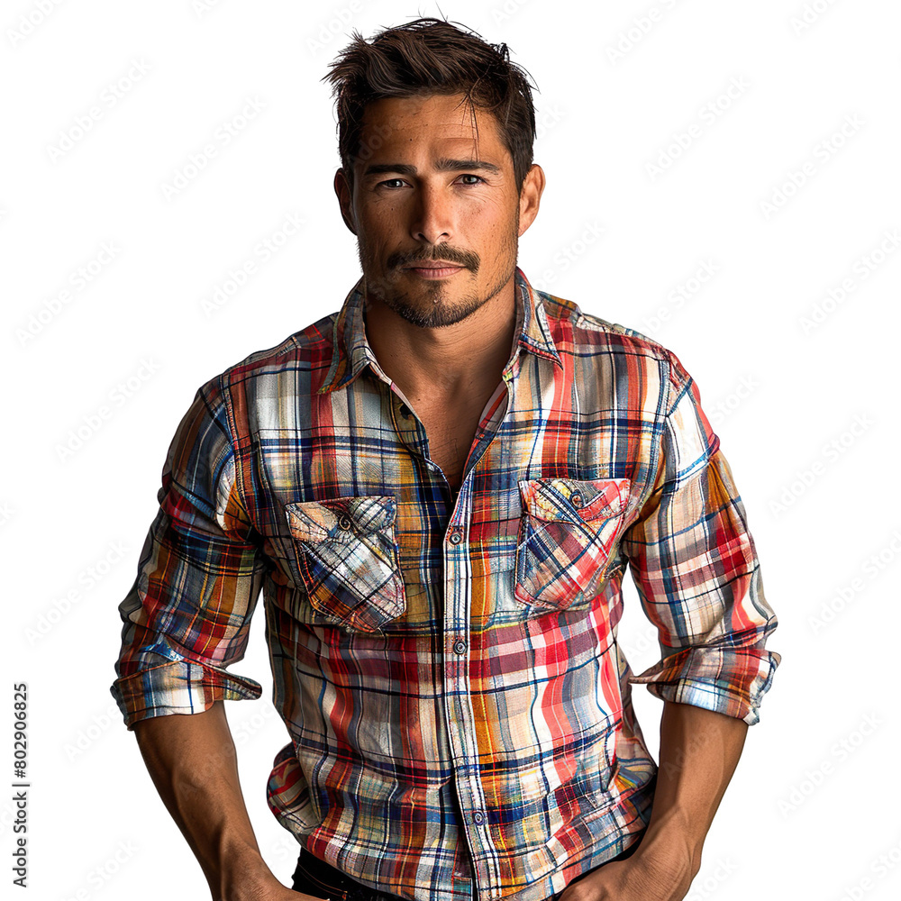 Front view mid shot of a sophisticated Latin male model wearing a timeless plaid shirt and dark denim jeans, isolated on a white transparent background Front view mid shot of a sophisticated Latin male model wearing a timeless plaid shirt and dark denim jeans, isolated on a white transparent background