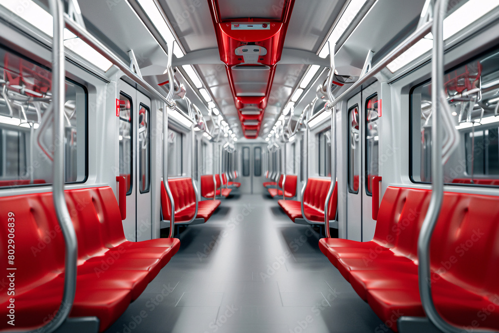 Empty subway train carriage with rows of seats and large windows for passenger comfort