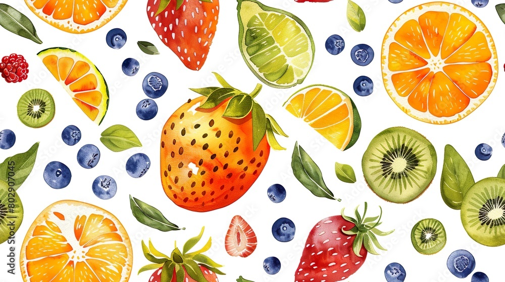 Artistic Watercolor Pattern of Mixed Summer Fruits and Berries Artistic Watercolor Pattern of Mixed Summer Fruits and Berries