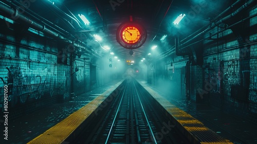 Image depicting a dark urban downtown city train tunnel at night.