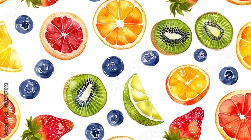 Artistic Watercolor Pattern of Mixed Summer Fruits and Berries