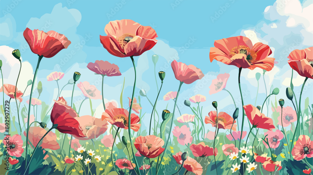 Beautiful poppy flowers in field Vector style vector
