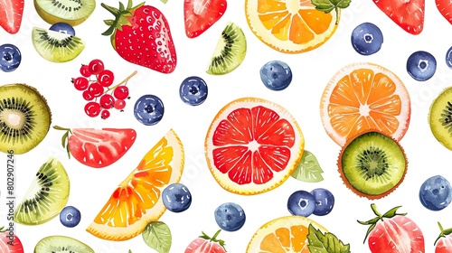 Artistic Watercolor Pattern of Mixed Summer Fruits and Berries