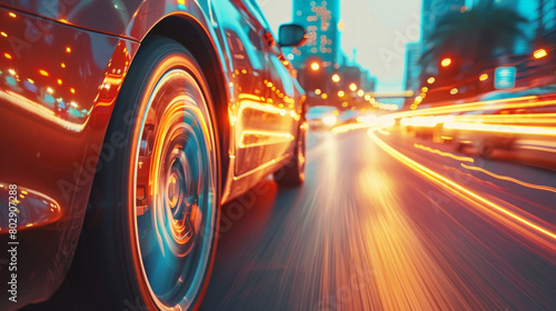 Dynamic close up  of a car in motion on city streets during evening rush hour, with vivid light trails and blur effect © garpinina