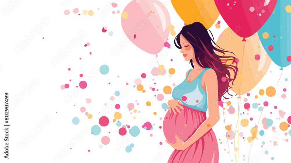 Beautiful pregnant woman with air balloons on white b