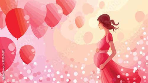Beautiful pregnant woman with air balloons on color b